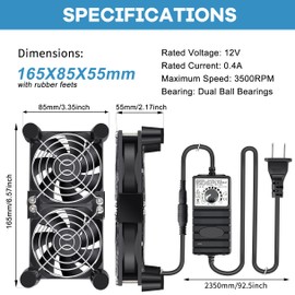 GDSTIME Dual 80mm X 25mm Fans DC 12V Powered Fan with AC 100V - 240V Speed Control, US Plug, Cabinet Chassis Computer Greenhouse Server Workstation Cooling Fans