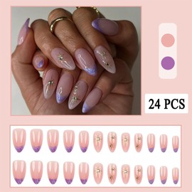 30Pcs Purple French Press on Nails Medium Almond Fake Nails Purple with Starburst Diamonds Designs False Nails Full Cover Glossy Acrylic Nails for Women Girls DIY Manicure Decoration