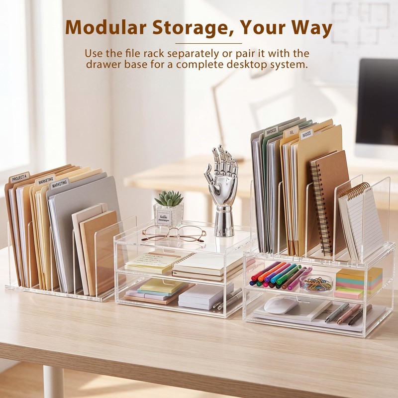 Ripeng Acrylic Desk Organizer with 2 Drawers, Vertical File Holder