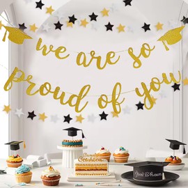 We are So Proud of You Graduation Banner - Gold Glitter Garland for Party Decor 2025, School & Home Decorations, Graduation Party Supplies, Car Decor (Golden)