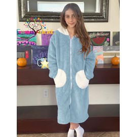 Funnycokid Robes for Girls Bathrobes Size 9 10 Solid Color Kids Fleece Bath Robe Blue Long Sleeve Zip Hooded Plush Pajamas Sleepwear