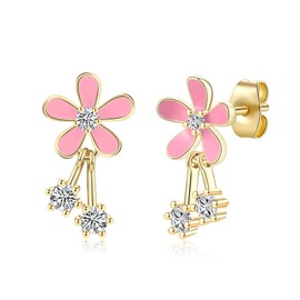 VYYU Gold Flower Earrings for Women Girls, Beautiful Daisy Ear Studs with Tiny Crystals Dangle | Yellow Gold Plated Sleeper Hypoallergenic Earings Bloom Jewellery Christmas Birthday Gifts, Pink