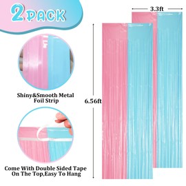 Voircoloria 2 Pack Pastel Blue and Pink Foil Fringe Backdrop Curtains, Tinsel Streamers Party Decorations, Fringe Backdrop for Gender Reavel, Baby Shower Party