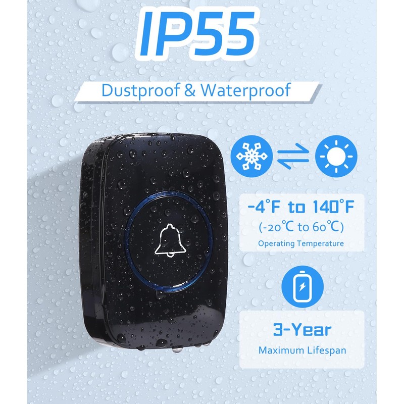 Waterproof Wireless Doorbell Kit, 300m Wireless Range Front Doorbell with