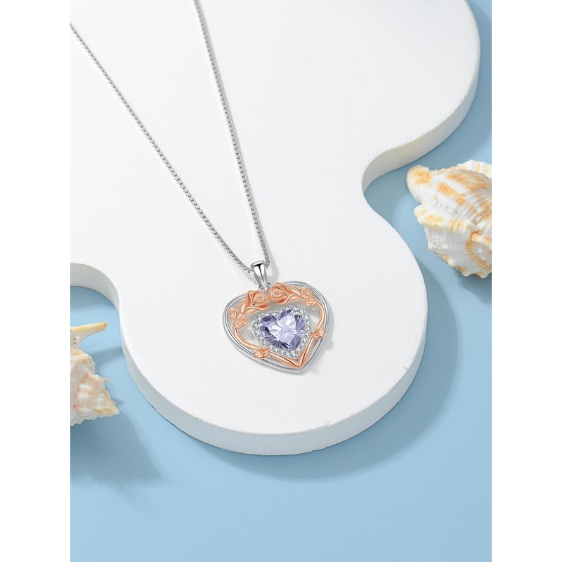 HVQP Forever Love Heart Birthstone Necklaces for Women, 925 Sterling