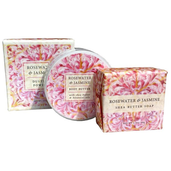 Greenwich Bay ROSEWATER JASMINE 3 Piece Beauty Gift Set of : BODY BUTTER, SPA SOAP, and DUSTING POWDER