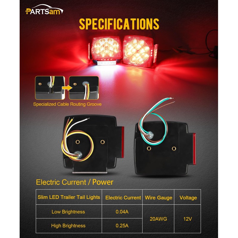Partsam Pair Slim Square LED Trailer Light Submersible Tail Lights