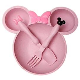 Minnie Kids Dinnerware Kids Dinnerware Set 3 Piece Plastic Spoon Fork Kids Toddler Plate Bowl Dinnerware Plate Set (Pink)