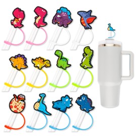 12PCS Dinosaur Straws Cover Cap Silicone for Tumbler Cup Birthday Party Supplies Favors Decorations, 10mm Drinking Straws Topper Hat for Reusable Straws Dino Tips Lids