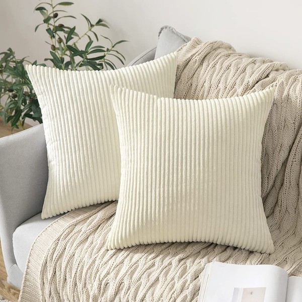MIULEE Set of 2 Striped Corduroy Square Throw Pillow Case Soft Cushion Cover Sham Home for Sofa Chair Couch/Bedroom Decorative Fluffy Large Pillowcases 20x20 Inch 50x50 cm Cream White