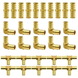 30pcs Half Inch Brass PEX Fittings 10 Each Elbow TEE Coupler Lead Free Crimp Cinch, PEX Brass Crimp Fitting Combo with 10pcs Half Inch Tees"T" , 10pcs Half Inch Elbows and 10pcs Half Inch Couplings