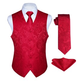 HISDERN Men's Vest Tie Set Paisley Floral Jacquard Formal Silk Necktie Pocket Square Waistcoat for Suit or Tuxedo Red