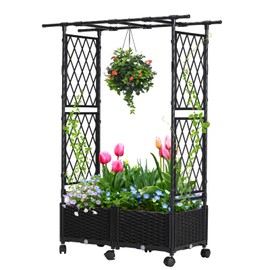Lalahoni Planter with Trellis, 4.5ft Trellis Planter Self-watering Box with Wheels for Outdoor Plants Tomato Flower Vegetable Herb Vine Garden Patio, Plastic Raised Bed Trellis with Drainage Hole, 1PC