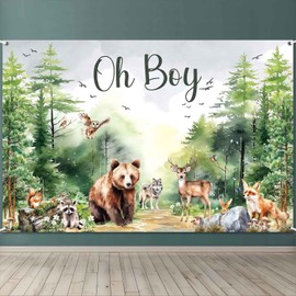 LDWLYW Woodland Baby Shower Backdrop for Boy Woodland Animals Baby Shower Decorations Green Forest Animal Friends Theme Party Banner Supplies Oh Boy Photography Background 71x45 inch