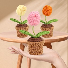 Flores de Tulipán Hechas a Mano, 3 piezas Terminadas Hechas a Mano Crochet Tulipán Flores Decoración de Flores Falsas, Flor de Maceta de Ganchillo... 