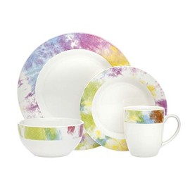 Godinger Dinnerware Set Tie Dye Edge Dinner, Salad Plate, Soup Bowl, and Mug- Bone China - 16 Piece set