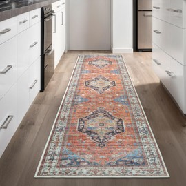 GLN Rugs Vintage Collection - Machine Washable Area Rug, Vintage Washable Rug, Non Slip Area Rug, Low Pile Living Room Rug, Bedroom Rug, Bathroom Rug - Easy Clean (2'6"x10' Terra and Multicolor Rug)