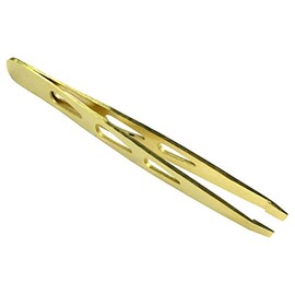 HTS 172D7 4" Gold Slanted Eyebrow Tweezers with Droplet Holes