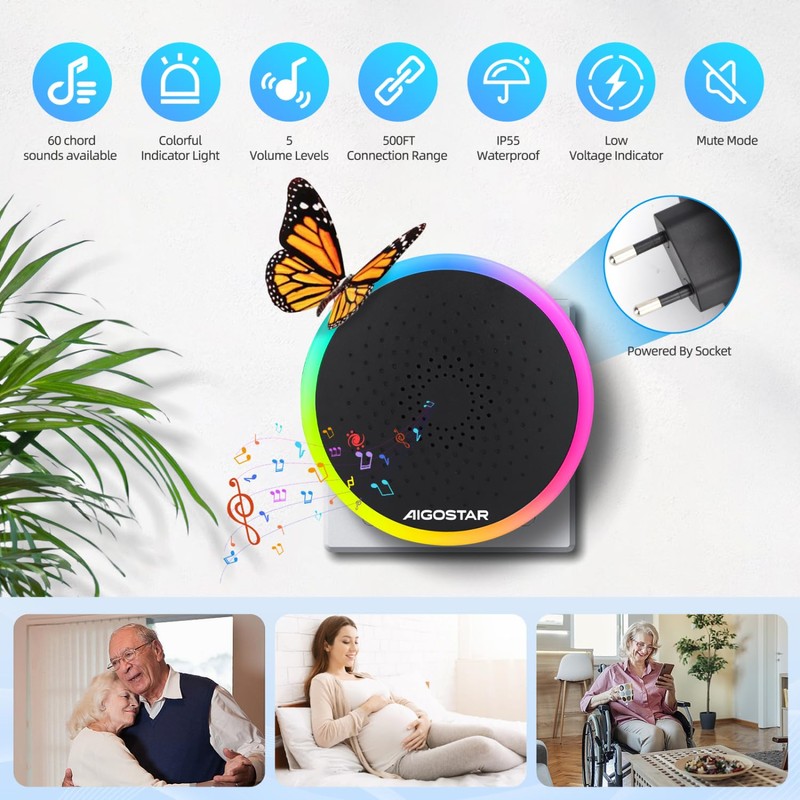 Aigostar Wireless Bell with RGB Light, IP55 Waterproof Outdoor Door