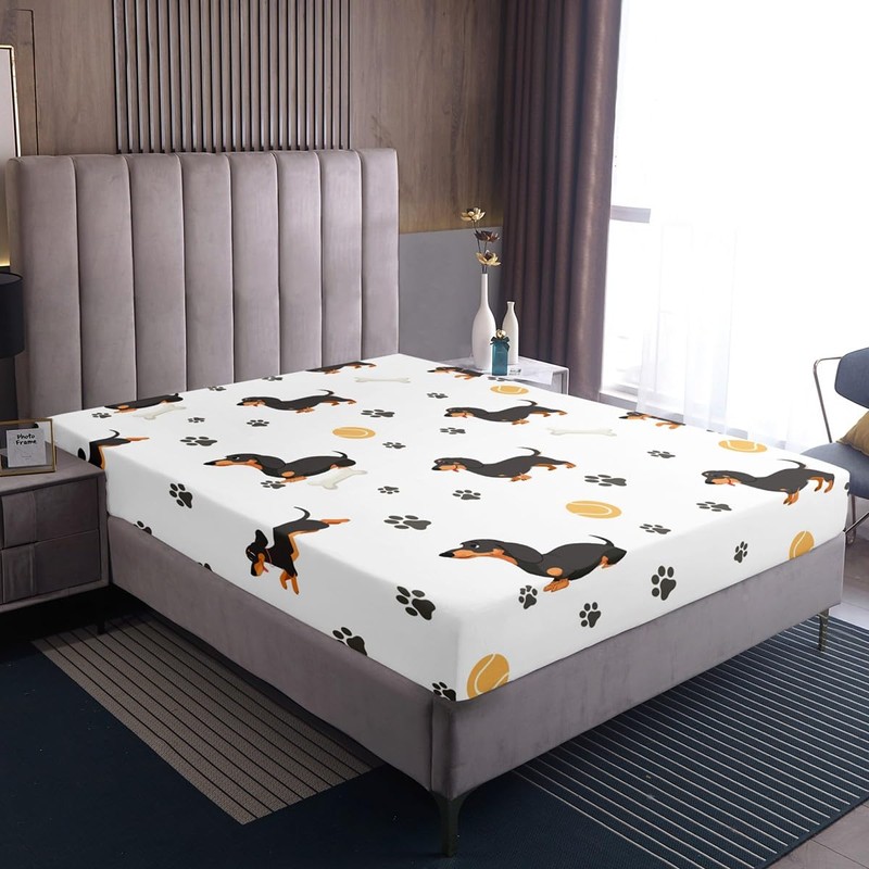 Castle Fairy Cute Dachshund Dog Fitted Sheet King Size,Ball Bones
