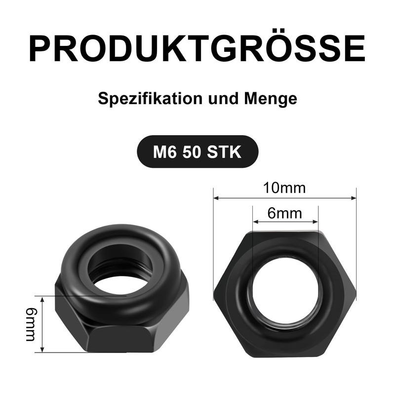 Lvefyti Pack of 50 M6 Nuts Set, Black Stainless Steel