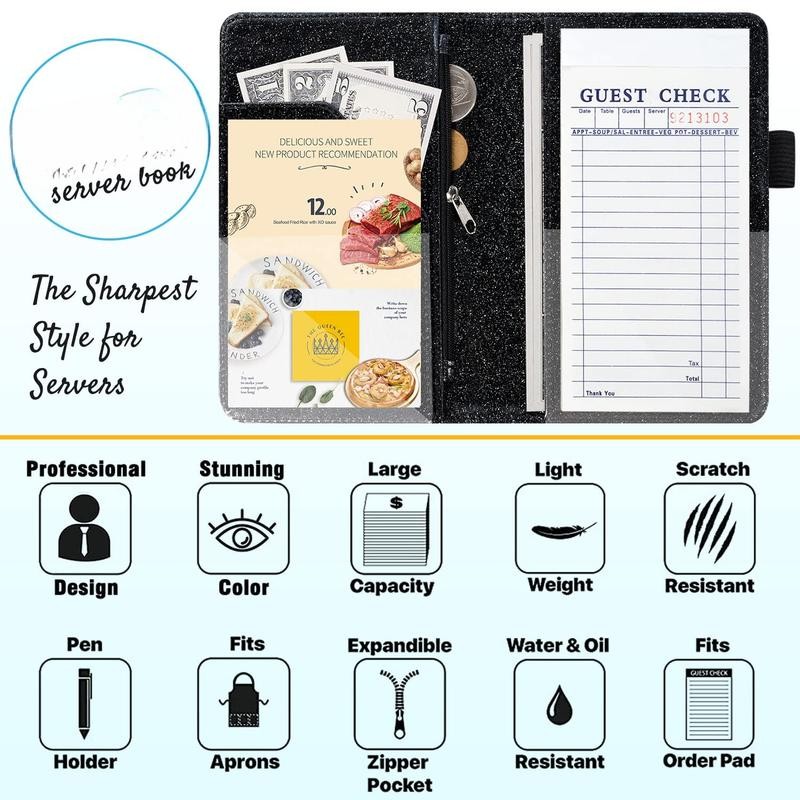 Server Book for Waitress-Leather Waitress Book Organizer with Zipper Pocket
