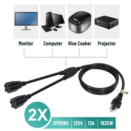 2 Way Power Cord Splitter Cable 6 Ft-3 Prong 1 to 2 Extension Cord-Outlet Saver-Elecan Male to Female Y Splitter Power Extension Cable Strip–UL Certified SJTW 16 Gauge 13 A/125 V–Black