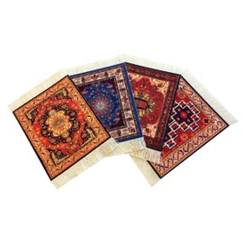 Set of 4 Rug Table Coasters – Oriental Design Fabric Carpet Drink Mats Absorbent Kitchen and Dining Accessories, Spill & Drip Protection, Rectangular, Red Blue