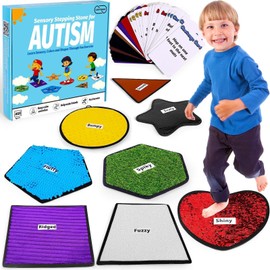 Garybank Labeled Sensory Mats w/Therapy Games for Autistic Kids, 8 Pcs Texture Mats w/48 Game Cards, Autism Kids Sensory Toys, Special Education Classroom Must Haves, Sensory Tile for Calm Down Corner