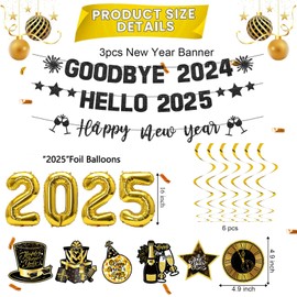 Glitter Goodbye 2024 Hello 2025 Banner Happy New Year Decorations Happy New Year Banner New Year Hanging Swirls Decorations for 2025 New Year's Eve Party Supplies