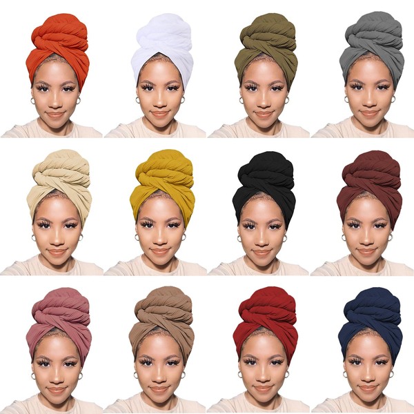 PWEOUKE 12 Pieces Large Stretch Turban Head Scarves for Black