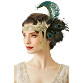 BABEYOND Flapper Headpiece for Women - 1920s Headband Roaring 20s Gatsby Accessories Peacock Feather Tassel Chain(Green)