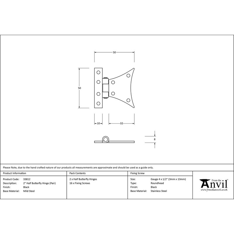 From The Anvil Black 2 Inch Half Butterfly Hinge (Pair)