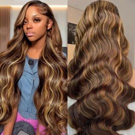 Ombre Lace Front Wig Human Hair 13x6cm HD Body Wave for Highlighting Lace Front Human Hair Wigs with Baby Hair 180% Density 4/27 Honey No Glue 24 Inches
