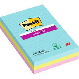 Post-it Super Sticky Notes, Cosmic Colour Collection, lined, 101 mm x 152 mm, 90 Sheets/Pad, 3 Pads/Pack