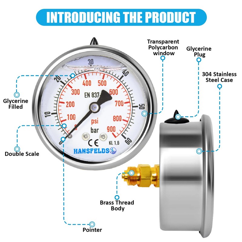 Hansfelds Pressure Gauge 0-60 Bar/PSI 63mm Dial Liquid Filled 1/4"