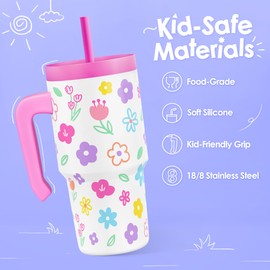 Floral Tumbler 20oz with Handle and Silicone Straw Lid for Kid, Insulated Stainless Steel Cup, Gift for Kids Girls, Gifts Idea for Birthday Christmas Back to School