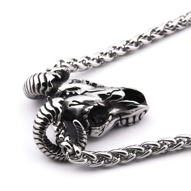 GUNGNEER Stainless Steel Ram Skull Pendant Necklace Cool Satanic Devil