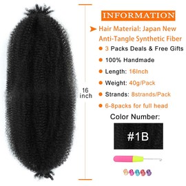 Afro Twist Hair 16 Inch 3 Packs Pre-Separated Afro Springy Twist Hair for Locs Crochet Hair Black Marley Twist Braiding Hair Extension (16Inch, 3Packs, 1B#)