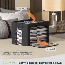 3Pack Foldable Storage Bins - Frame Storage Box Linen Fabric Stackable Clothes Container Organizer with Clear Window & Carry Handles Large Capacity (Small-22L, Black)