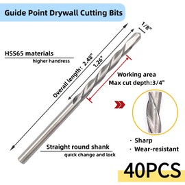 42 Pieces Drywall Cutting Tools, 1/8 Inch(40pcs) and 3/16 Inch(2pcs) Guide Point Cutting Bits,HSS65(M2) Materials Drill Bits, Cutting Drywall, Used for with Spiral Saw and Power Tools