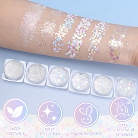DAGEDA Face Glitter Gel, White Body and Hair Glitter Gel Mermaid Makeup, 6 Shapes Sparkly Sequins for Women Kids, Singer Concert Festival Party Rave Accessories Holographic Glitter Gel 02