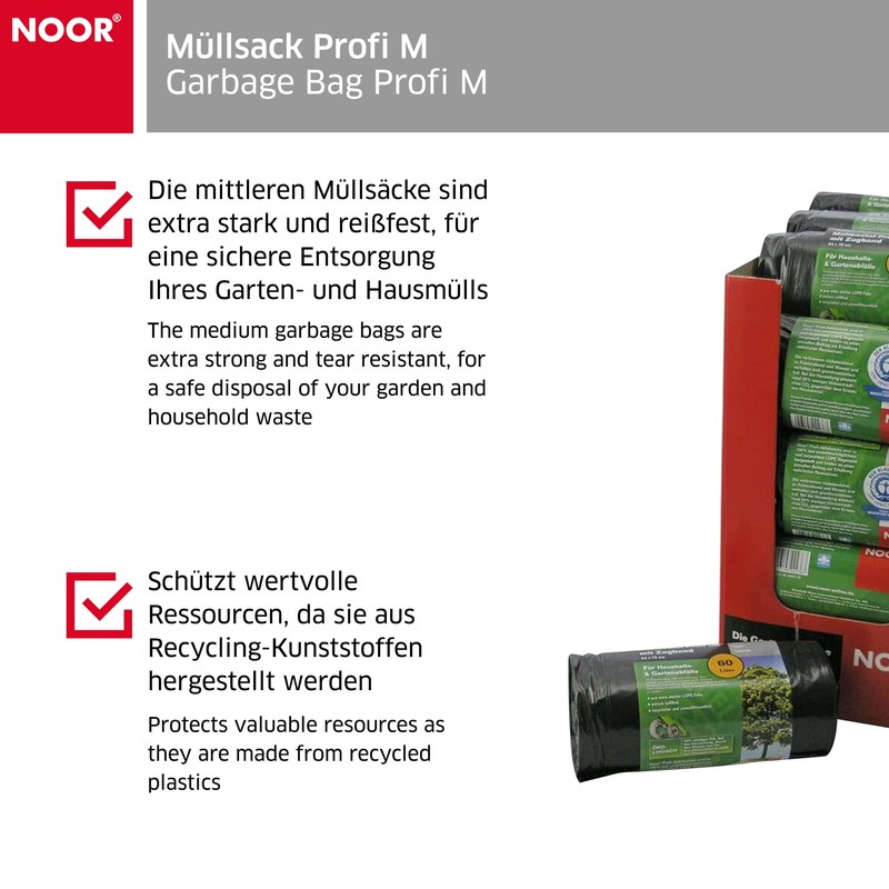 NOOR Müllsack Profi ‘M’ 60 L I Schwarze, recycelbare Müllsäcke