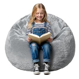 WLIVE Kids Bean Bag Chair, 2.5 Feet Faux Rabbit Fur Bean Bag, Floor Sofa with Memory Foam Filling, Bean Bag Chairs for Living Room Bedroom, Grey