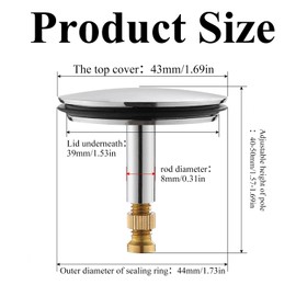 Adjustable Bath Plug 43mm Cover/ 8mm Pole Pop Up Bath Plug with Adjustment Screw Heavy Duty Brass Chrome Bathtub Plug for UK Standard Bathtub