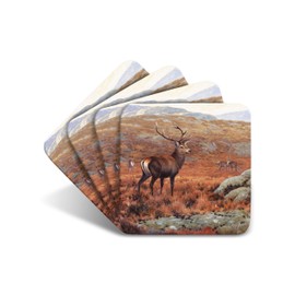 Stag Highlands Drinks Coasters by Wildlife Artist Julian Friers - Set of 4 Stag Coasters - Non-Slip, Cork Table Coasters