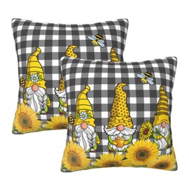 Oplp Gnome Bee and Honey Pot Throw Pillow Covers Set of 2 Pillow Case Black and White Checkered Square Case Cushion Home for Bedroom Sofa Chair Decor 18"x18"