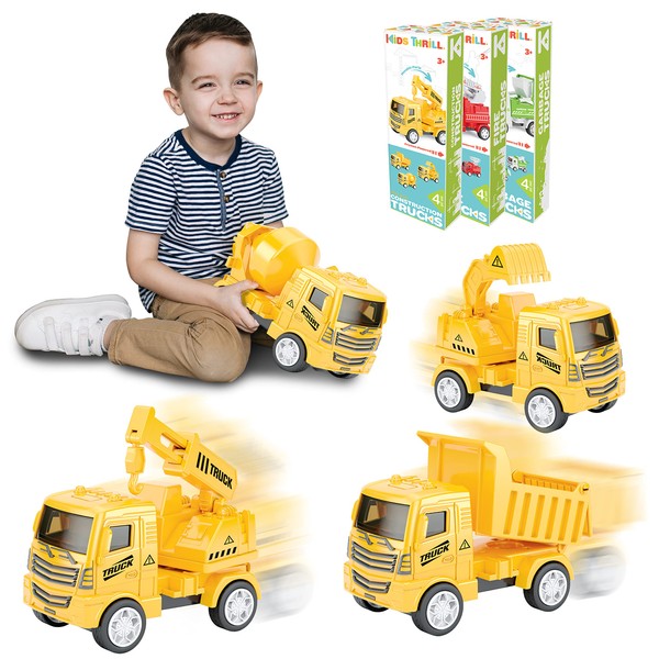 KIDSTHRILL 4 Small Set Construction Trucks for Kids Toys for 3+ Year Old Boys & Girls - Digger, Dump Truck, Excavator Toy Cement Mixer and Crane