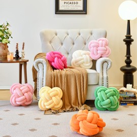 Xuyier Knot Pillow Ball, Decorative Throw Pillows with Velvet Fabric for Couch Bed, 12" Decor Knotted Square Floor Pillow Cushions for Living Room (12 Inches, Light Yellow)