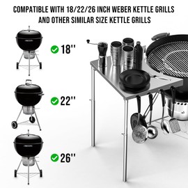 Charkettle Stainless Steel Kettle Grill Side Table/Shelf, Compatible with Weber 18"/22"/26" Grills, Charcoal Kettle Grill Accessories with Adjustable Height